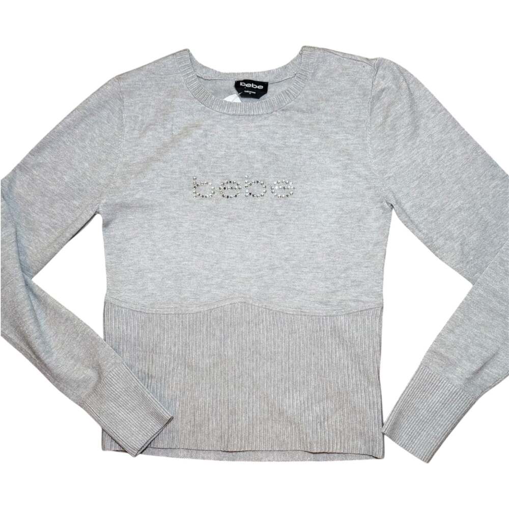 Bebe Y2K Rhinestone Logo Sweater Womens M Gray Cropped Knit NWT